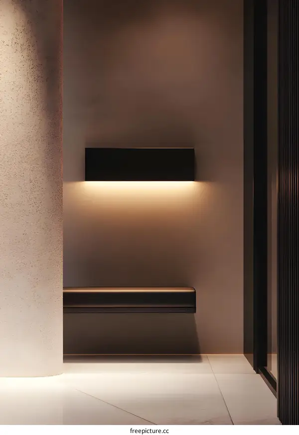 Minimalist Interior Design with a Black Bench and Wall Light