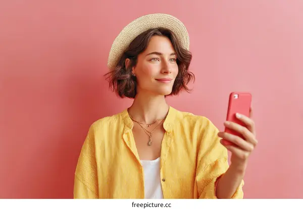 Woman using a phone against a pink background
