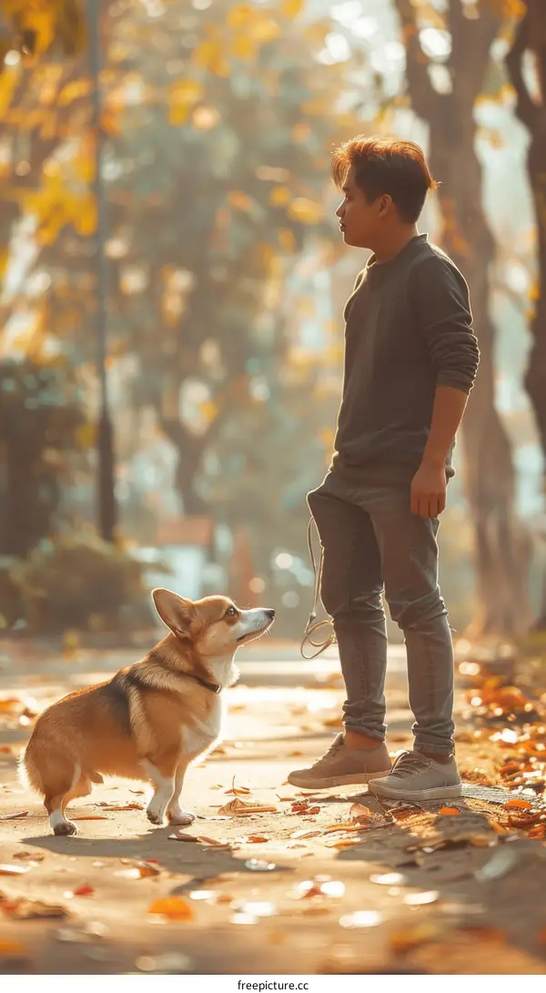 Asian man walking his corgi dog in the park