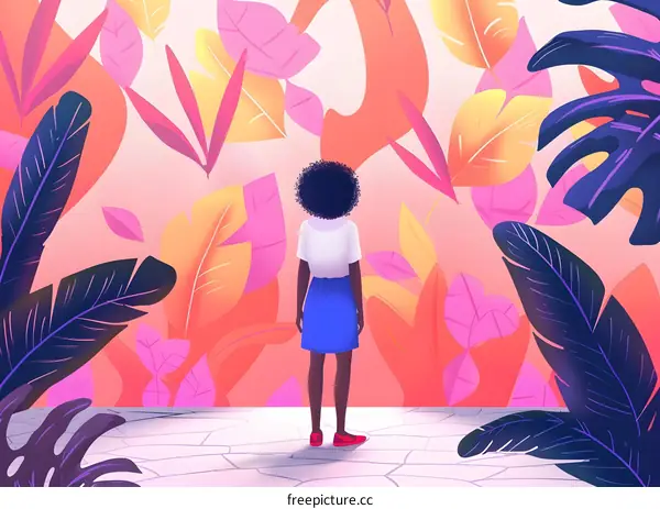 Woman with Curly Hair Standing in Front of a Colorful Floral Wall