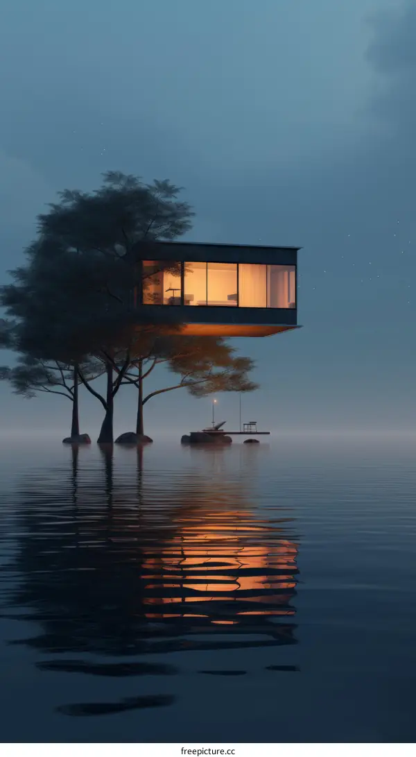 A modern house floating above the water with trees and a dock nearby