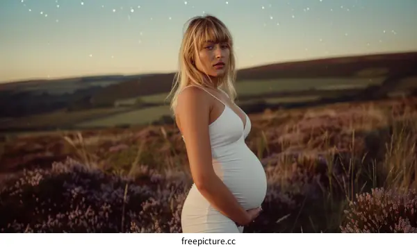 Portrait of a Pregnant Woman Standing in a Field of Flowers