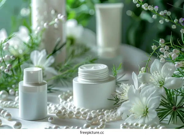 Luxury Skincare Products with White Flowers and Pearls