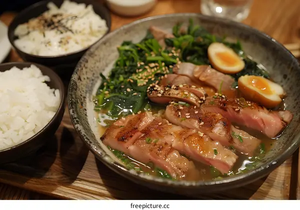 Japanese Food Dish With Pork, Spinach, Sesame Seeds, and Egg