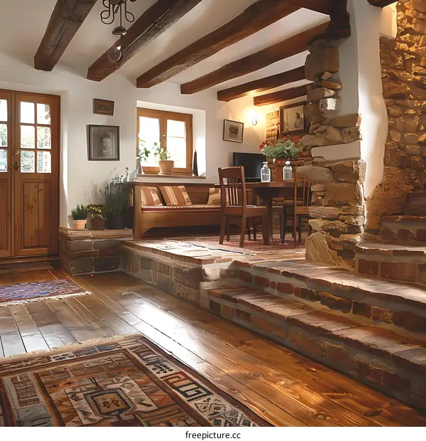 A beautiful living room with a fireplace and a wooden dining table