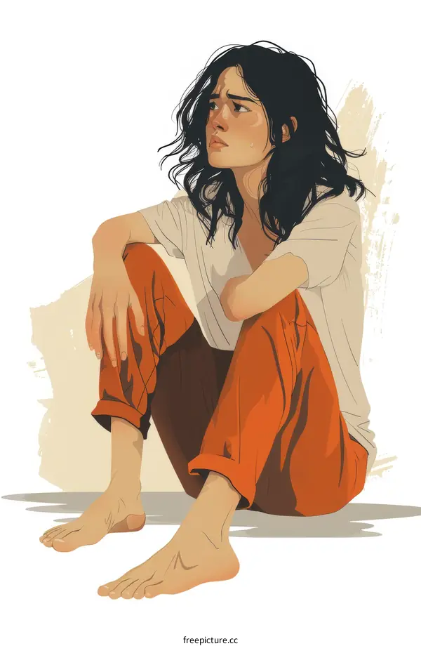 Illustration of a barefoot girl in orange pants and a white shirt sitting on the ground