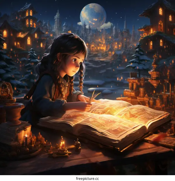 A young girl in a magical library