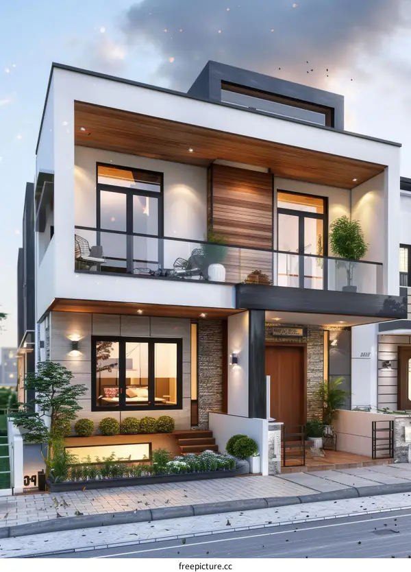 Modern Two-Story House with Balcony and Terrace