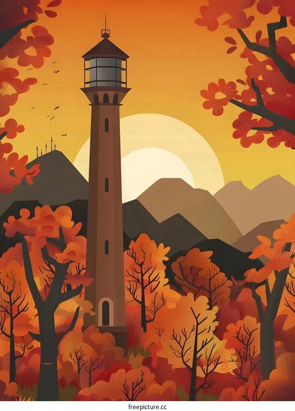 Lighthouse in Autumn Forest Landscape