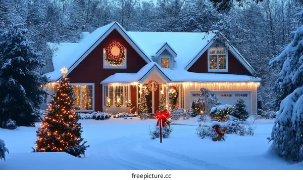 Snowy Christmas House Decorated with Lights and Ornaments