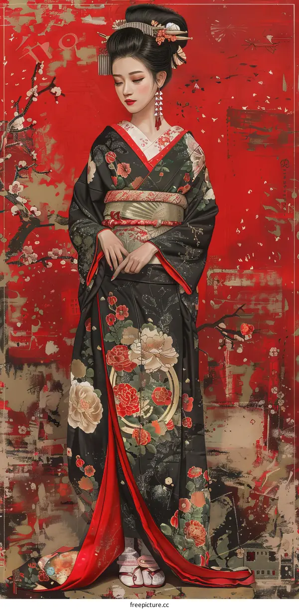 An Asian woman in a kimono with red and white plum blossoms and a red fan in her hair