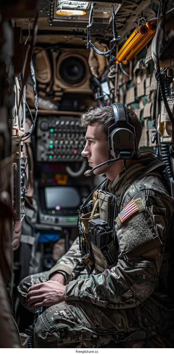 A soldier sits in a military vehicle