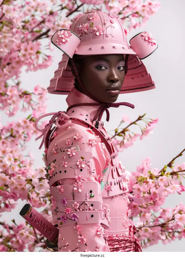 Black woman wearing a pink samurai armor with cherry blossoms