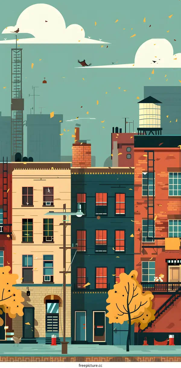 Cityscape Illustration with Falling Leaves in Autumn