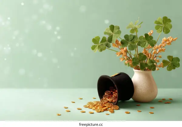 St. Patricks Day Decorations with Gold Coins and Shamrock