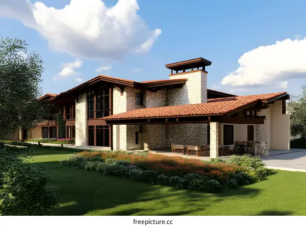 Modern Stone House with Patio and Large Windows