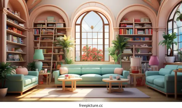 Cozy and inviting living room interior with large windows and bookshelves