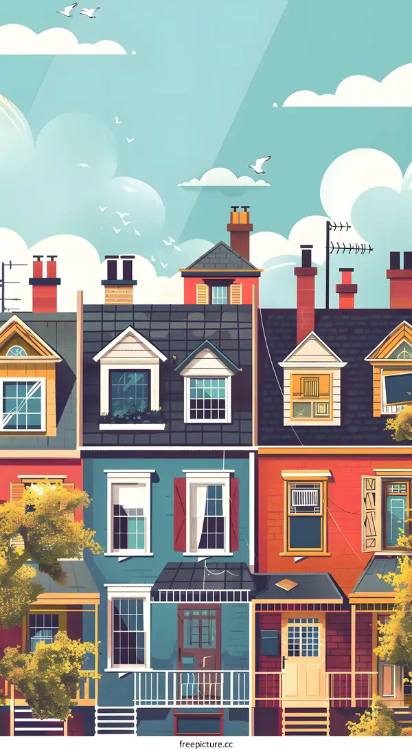 Colorful Row of Houses with a Blue Sky