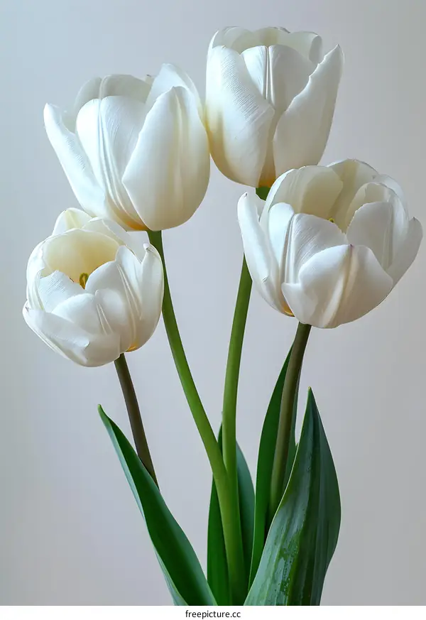 Four white tulips on a light background
