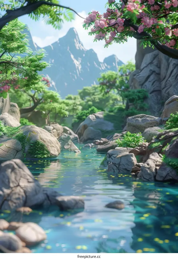 Mountain Stream in a Rocky Valley with Pink Flowers