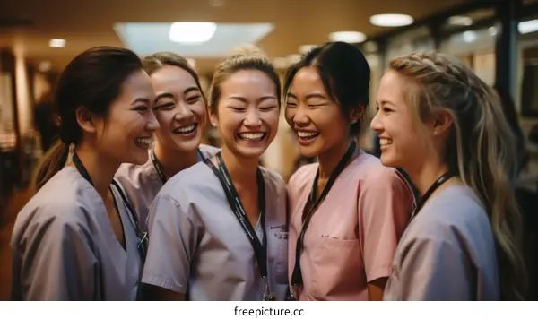 A group of five female nurses laughing together in a hospital hallway