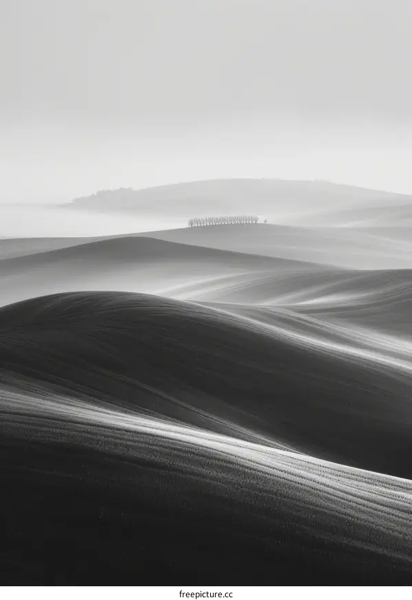 Black and white rural landscape with hills and trees
