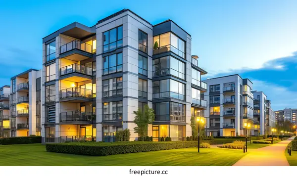 Modern apartment buildings with green lawns and a walking path
