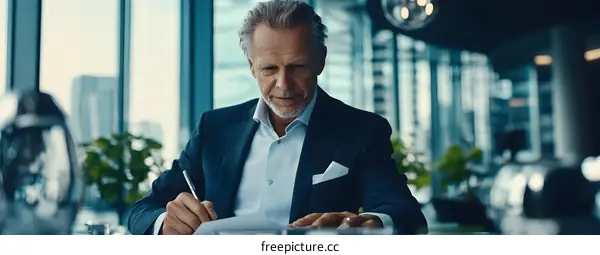 Serious Businessman Sitting At Desk And Signing Documents