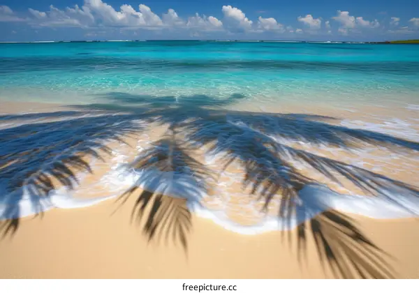 Palm Tree Shadow on White Sand Beach with Blue Ocean Water