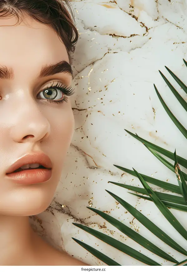 Woman with Green Eyes and Palm Leaf on Marble