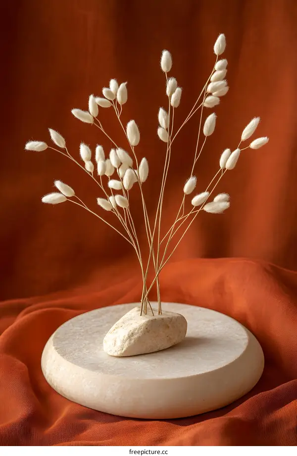 Dried Flowers in a Stone Vase on Orange Fabric