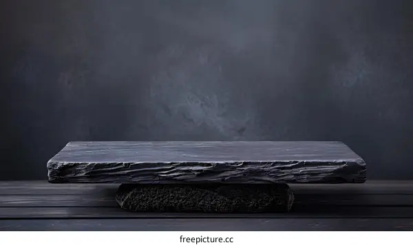 Dark Grey Stone Slab on a Wooden Table With a Dark Grey Background