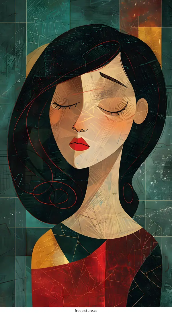 portrait of a sad woman with black hair and red lips