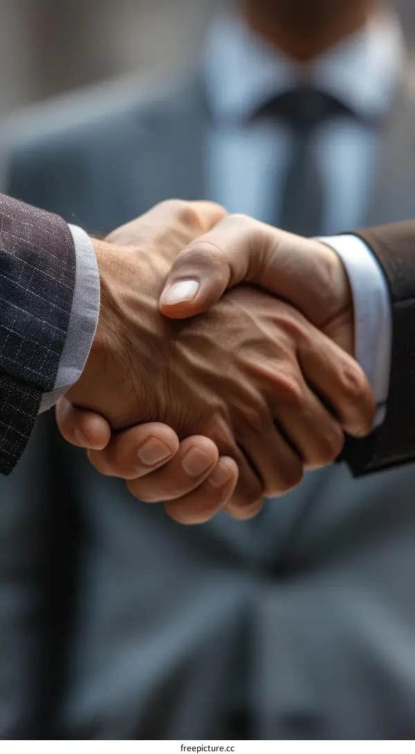 Businessmen in suits shaking hands outdoors