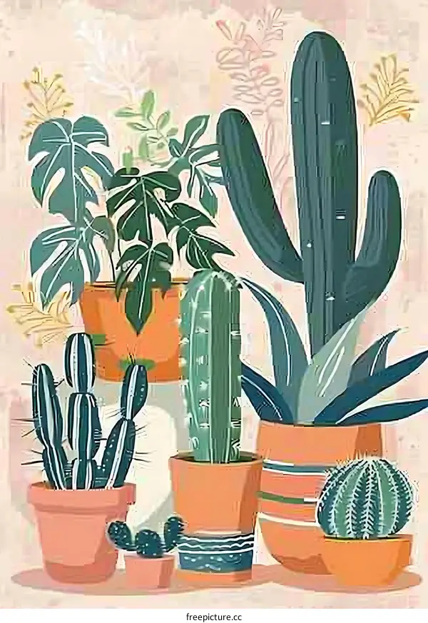 Cactus Plants Illustration With Different Types Of Potted Plants