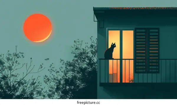 A black cat is sitting on the balcony of an apartment building, looking out at the sunset.