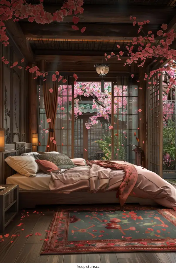 Beautiful Japanese-Style Bedroom with Cherry Blossoms