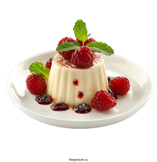 [Transparent Background PNG]Delicious panna cotta with fresh raspberries and mint