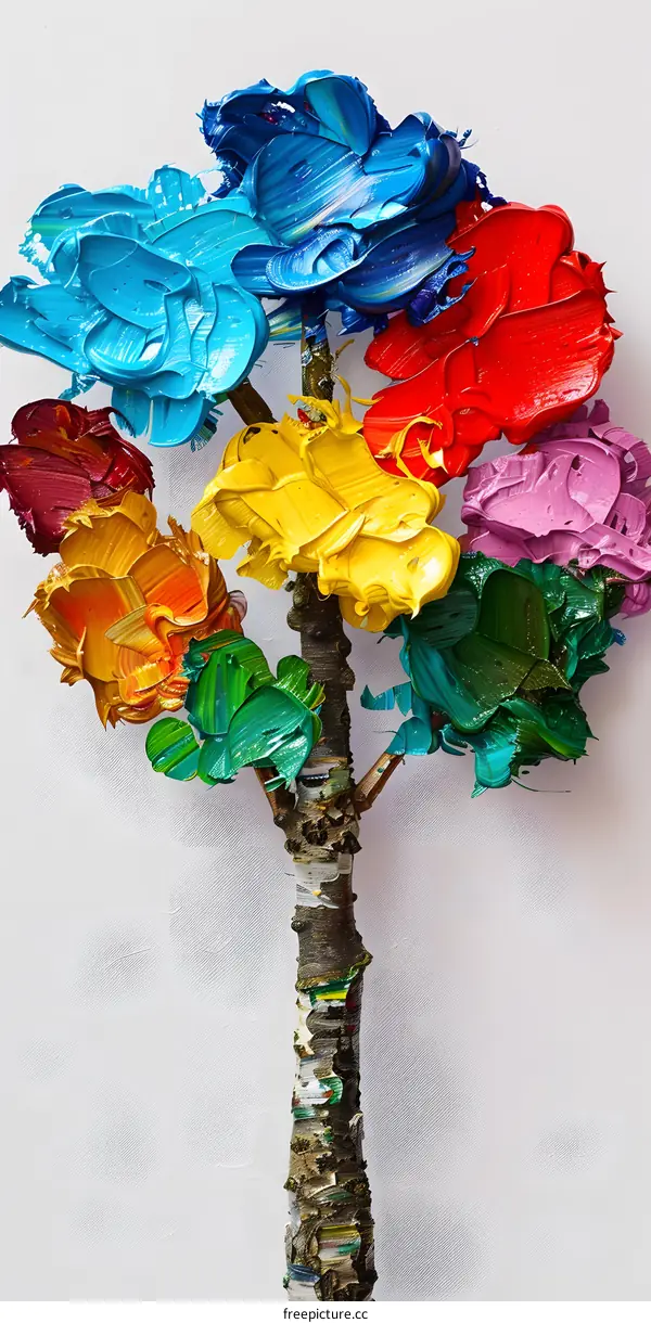 Colorful flowers painted with oil paints on a white background