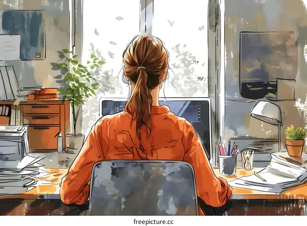 woman working from home office looking out the window