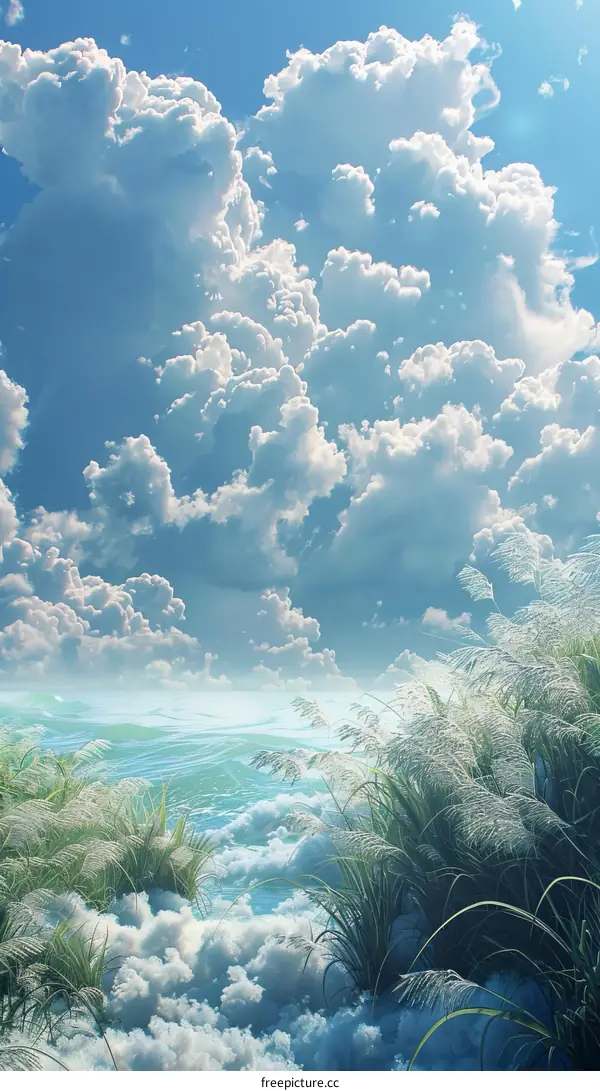 A Dreamlike Sky with Fluffy Clouds and Lush Grass