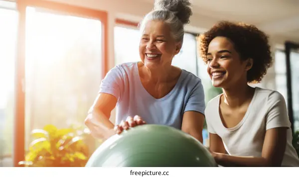 Physical therapist assisting senior woman with exercise ball