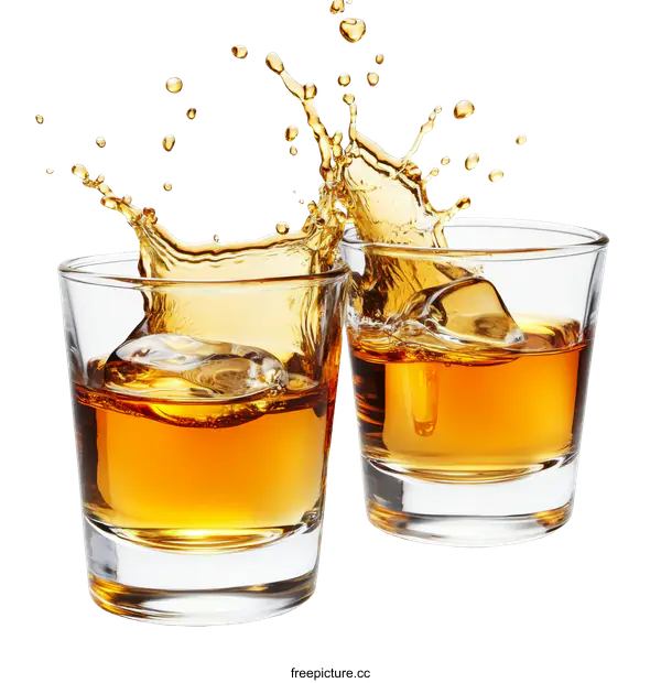 [Transparent Background PNG]Whiskey Splashing Into Two Glasses
