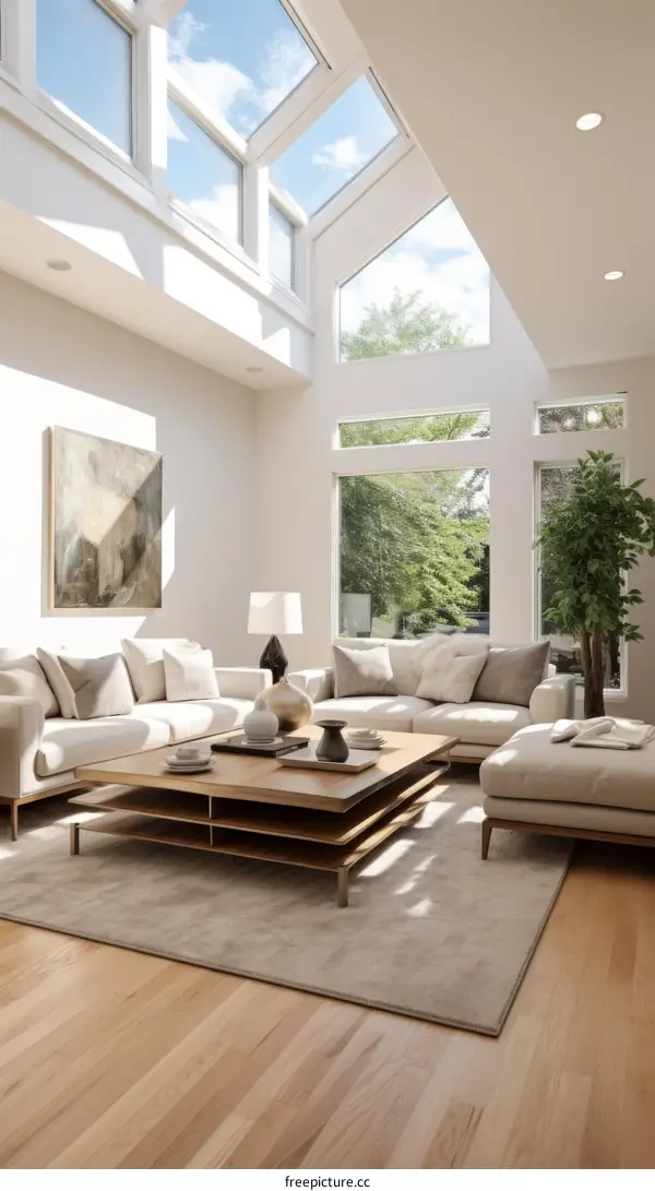 Bright and Airy Scandinavian Living Room With High Ceiling and Windows