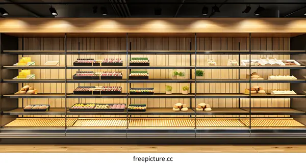 Wooden Shelves Display Fresh Bread And Pastries