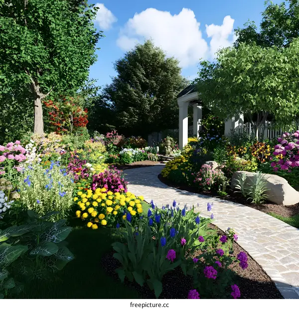 Landscaping Design With Stone Pathway And Colorful Flowers