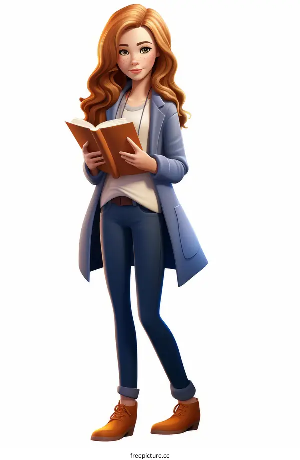 Illustration of a young woman reading a book