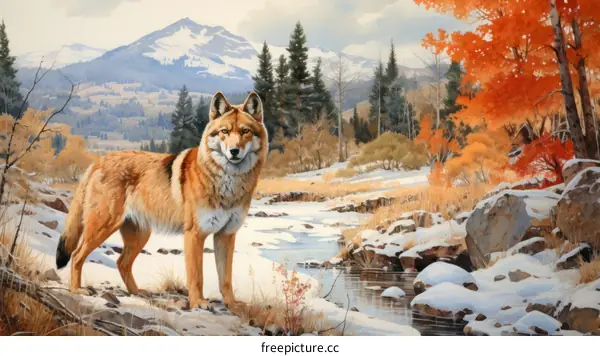 A lone wolf stands in a snowy field, surrounded by mountains and trees