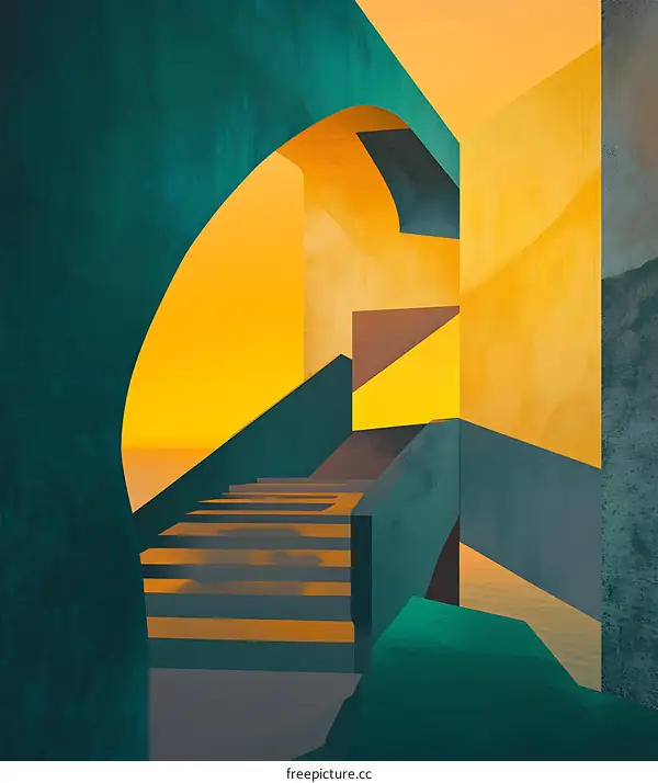 Abstract Architecture With Staircase And Yellow Sky