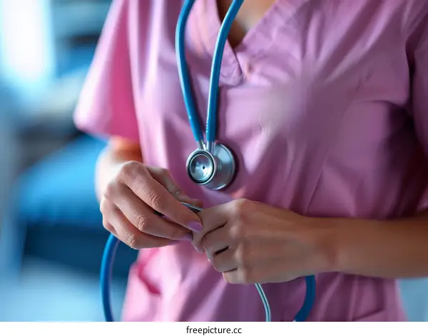 A nurse wearing a pink uniform and stethoscope around her neck